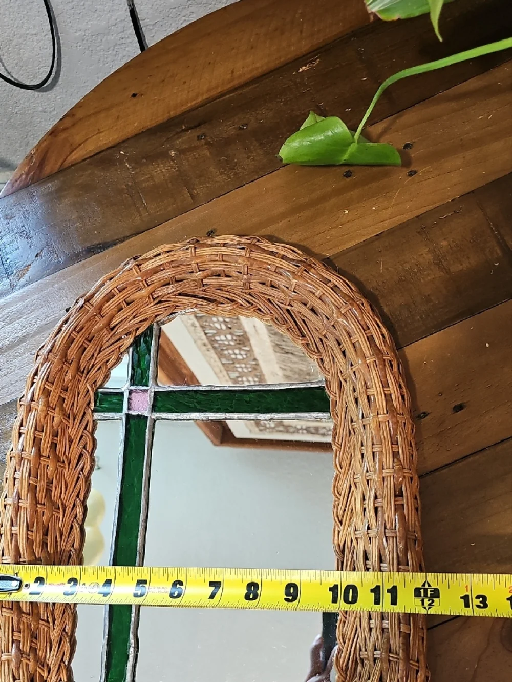 Woven Rattan Framed Mirror with Green Stained Glass Accent16